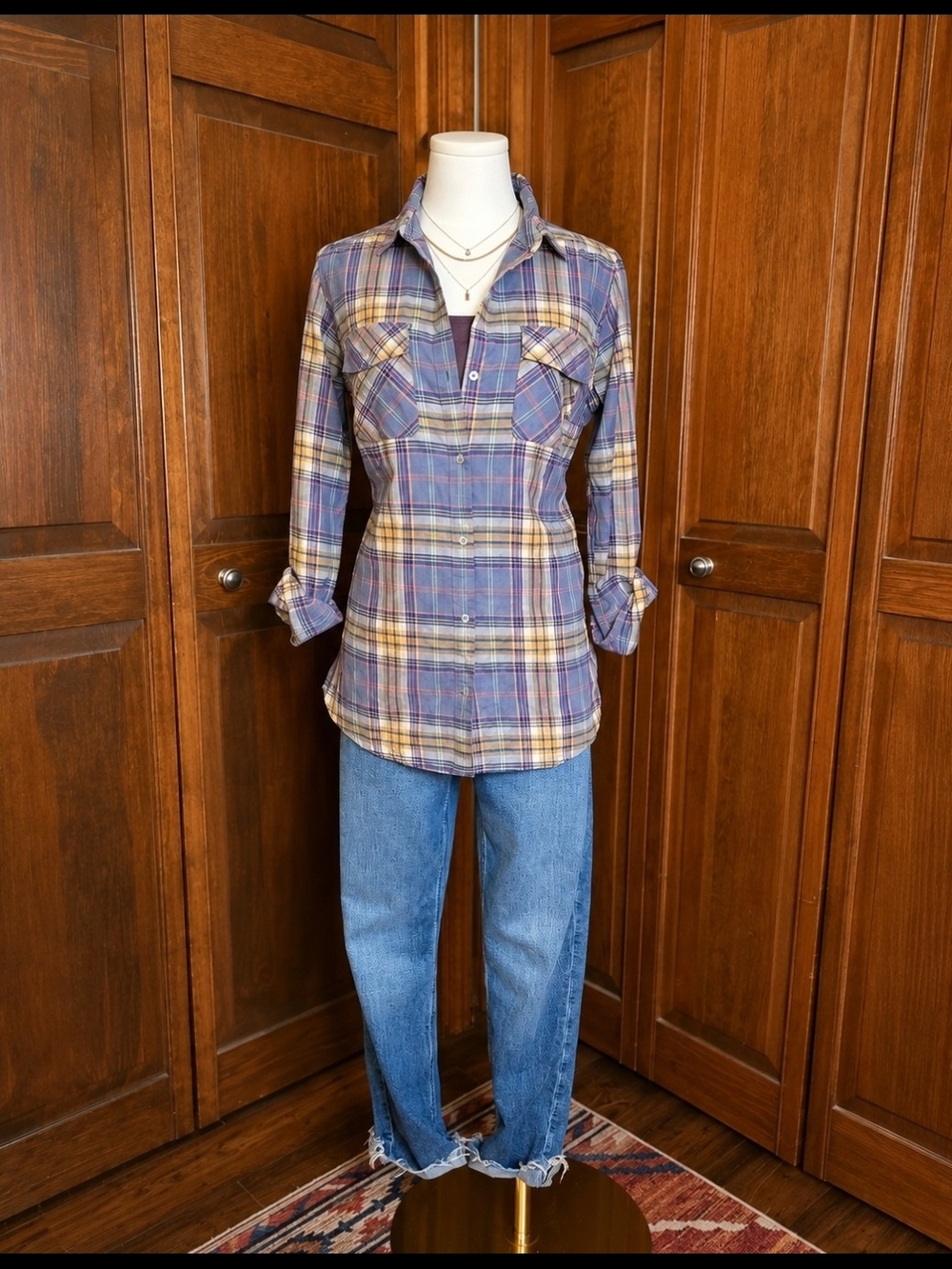 Eddie Bauer Purple and Yellow Plaid Button-Down Shirt